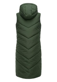 Green sleeveless puffer vest with a hood, featuring a chevron pattern, smooth texture, and a branded tag at the bottom left.