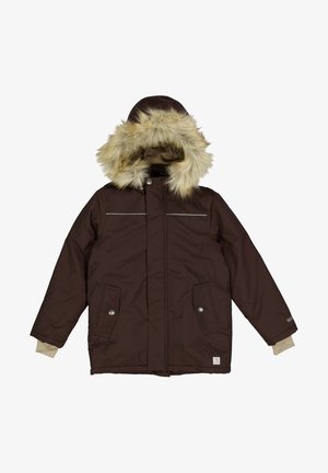 Braune Winterparka mit Kapuze, die mit Kunstfell gefüttert ist, zwei Fronttaschen und silbernen Akzentnähten. Verfügt über eine glatte, gesteppte Textur.