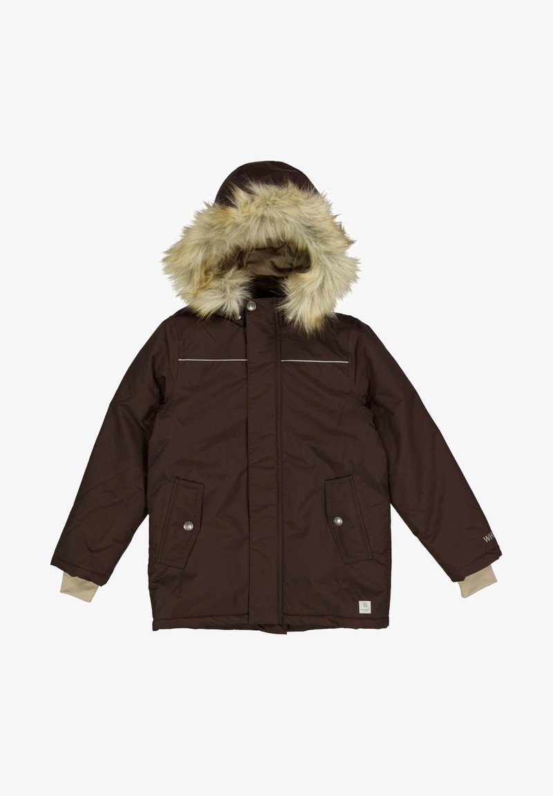 Parka d'hiver marron avec une capuche doublée de fausse fourrure, deux poches avant, et des surpiqûres argentées en accent. Présente une texture lisse et matelassée.