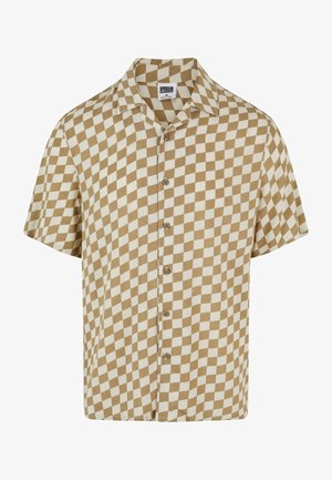 Short-sleeve button-up shirt featuring a brown and cream checkerboard pattern, with a camp collar and smooth textured fabric.