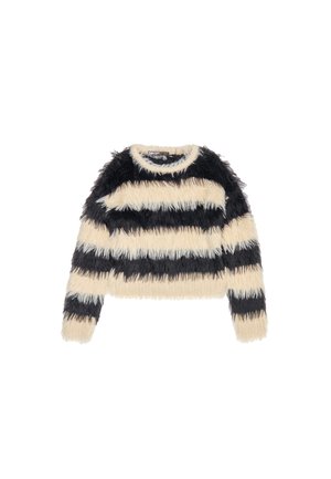 Teksturots pūkains džemperis ar horizontālām melnbaltām svītrām, apaļu kakla izgriezumu un garām piedurknēm, veidots kā īsais modelis.