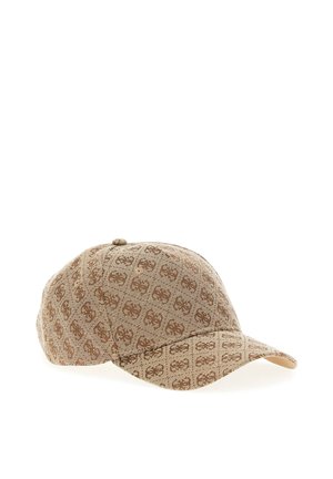 Casquette de baseball beige avec un motif monogramme marron répété, visière incurvée et bouton sur le dessus, présentée sur fond blanc.