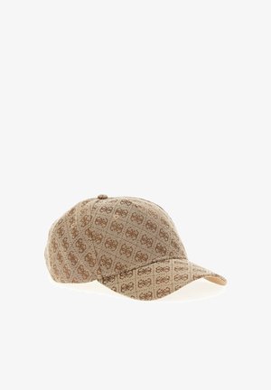 Casquette de baseball beige avec un motif monogramme marron répété, visière incurvée et bouton sur le dessus, présentée sur fond blanc.