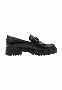Black leather loafers with a rounded toe, buckle detail, and a chunky rubber sole featuring a textured grip pattern.