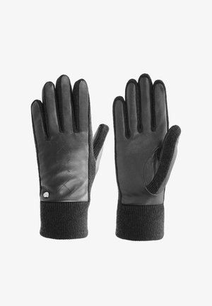 Schwarze Handschuhe aus Leder und gestricktem Stoff, mit einer glatten Handfläche und gesteppten Details sowie gerippten Bündchen für zusätzliche Wärme.