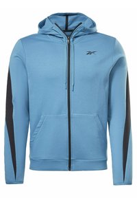 Ljusblå zip-up huvtröja med svarta detaljer på ärmarna, två framfickor, dragsko i huvan och en liten logotyp på bröstet.