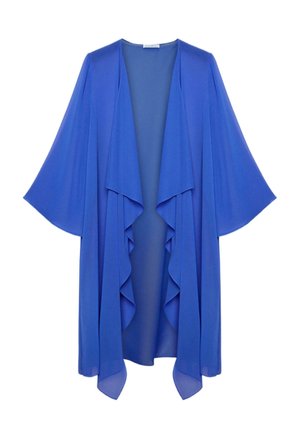 Blauw opengewerkte kimono-stijl cardigan met wijde mouwen en traploze gelaagde volantdetails.