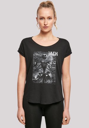 Black T-shirt with a round neckline, short rolled sleeves, featuring a graphic print of a character named Jack in grayscale. Soft cotton material.