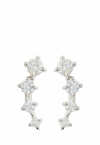 Øreringe i sølvfarve med fem klare runde krystaller arrangeret i et buet design, der viser en glat og poleret overflade.