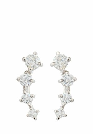 Sudraba toņa auskari ar pieciem caurspīdīgiem apaļiem kristāliem, kas izvietoti izliekta dizaina veidā, demonstrējot gludu un pulētu virsmu.