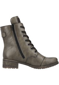 Bottine en cuir gris avec un laçage à l'avant, zip sur le côté, talon texturé et semelle robuste avec un accent à motifs.