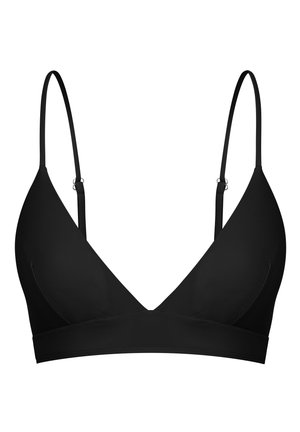 Schwarzer, dreieckiger BH mit verstellbaren dünnen Trägern, glatter Textur, tiefem Ausschnitt und breitem Bund unter der Brust. Ohne Polsterung oder Verzierungen.