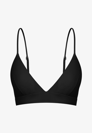 Schwarzer, dreieckiger BH mit verstellbaren dünnen Trägern, glatter Textur, tiefem Ausschnitt und breitem Bund unter der Brust. Ohne Polsterung oder Verzierungen.