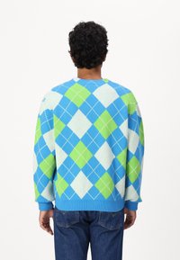 Hombre de espaldas vistiendo un suéter de patrones argyle en azul, verde y blanco con mangas largas y jeans azules, contra un fondo blanco.