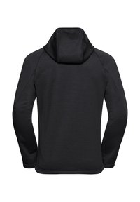 Felpa nera a maniche lunghe con cappuccio, caratterizzata da un cappuccio arrotondato, una texture morbida e maniche raglan, con un design pulito e minimalista.