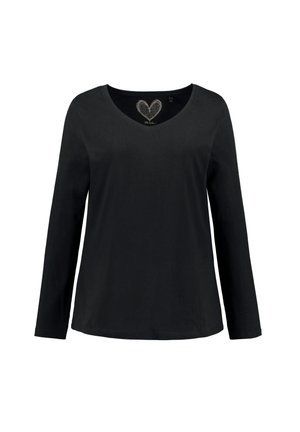 Czarna koszula z długim rękawem i dekoltem w serek, wykonana z miękkiego materiału. Posiada wzór serca przy dekolcie oraz luźny krój. Gładka faktura bez wzorów.