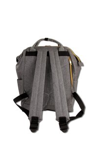 Gray fabric backpack with padded, adjustable straps, gold accent zipper, side pockets, and quilted texture on back panel.
