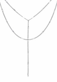 Srebrny naszyjnik z łańcuszka warstwowego z wydłużonymi ogniwami, z centralnym zwisem i teksturowanymi akcentami. Nowoczesny i elegancki design.