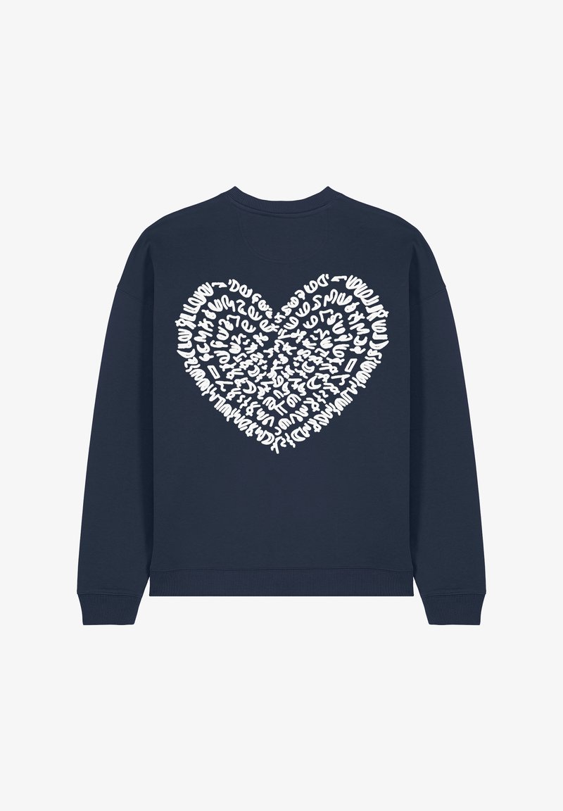 Námornícky modré mikina s veľkou bielou srdcovou grafikou pozostávajúcou z abstraktných tvarov a písmen. Pletené manžety a lem. Materiál z bavlnenej zmesi.