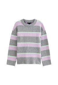 Suéter gris con rayas horizontales en púrpura claro y verde menta. Presenta un cuello redondo y puños y dobladillo acanalados. Textura suave.