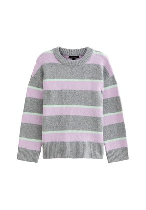 Grijze sweater met horizontale strepen in lichtpaars en mintgroen. Voorzien van een ronde halslijn en geribbelde manchetten en zoom. Zachte textuur.