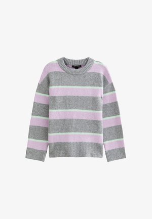 Grijze sweater met horizontale strepen in lichtpaars en mintgroen. Voorzien van een ronde halslijn en geribbelde manchetten en zoom. Zachte textuur.