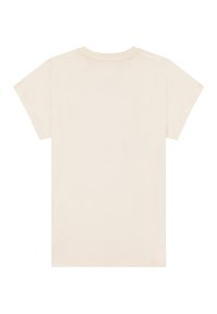 Απλό, κρεμ χρώματος κοντομάνικο μπλουζάκι, το οποίο είναι απλωμένο επίπεδα με στρογγυλή λαιμόκοψη, εμφανιζόμενο από πίσω σε λευκό φόντο.