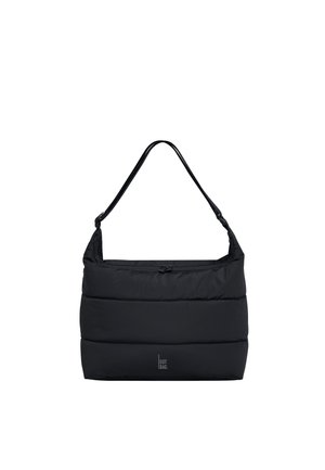 Sort polstret skuldertaske med rektangulær form, enkelt strop, lynlås lukning og lille "GOT BAG" logo nær nederste midte.
