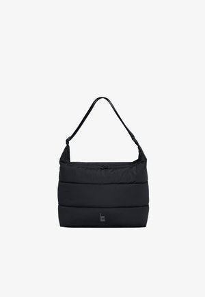Borsa a tracolla imbottita nera con forma rettangolare, tracolla singola, chiusura con cerniera e piccolo logo "GOT BAG" vicino al centro inferiore.