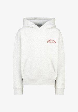 Hoodie gris clair avec poche avant, poignets côtelés, et texte rouge "Forever & Always New York" sur la poitrine gauche.