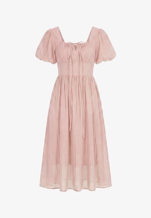 Hellrosa Midi-Kleid mit kurzen Puffärmeln, quadratischem Ausschnitt, geraffter Taille und einer Schleifenverzierung an der Brust.