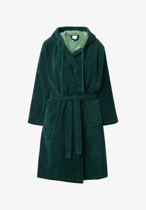 Tummanvihreä huppuhaitari, jossa on solmittava vyötärö, valmistettu pehmeästä froteekankaasta. Hameessa on kaksi etutaskua ja vaaleanvihreä sisävuori.