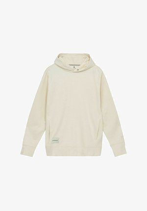 Cremfarbener Pullover-Hoodie aus weichem Stoff, mit einer großen Kapuze, seitlichen Taschen und einem kleinen Logoschild am Saum.