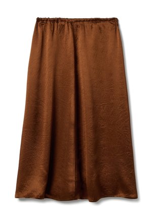 Jupe midi en velours marron avec ceinture élastique et texture subtile, suspendue sur un fond blanc.