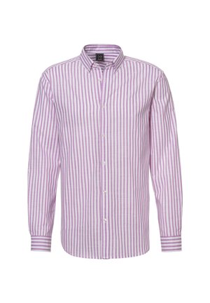 Striped long-sleeve shirt in light purple and white. Features a button-down collar, front button closure, and cuffed sleeves.