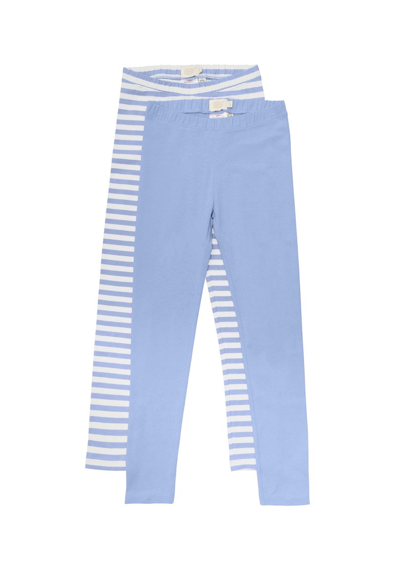 Två par leggings: ett par enhetligt ljusblå och det andra blå med vita ränder. Båda är i mjukt tyg med elastiska midjeband.