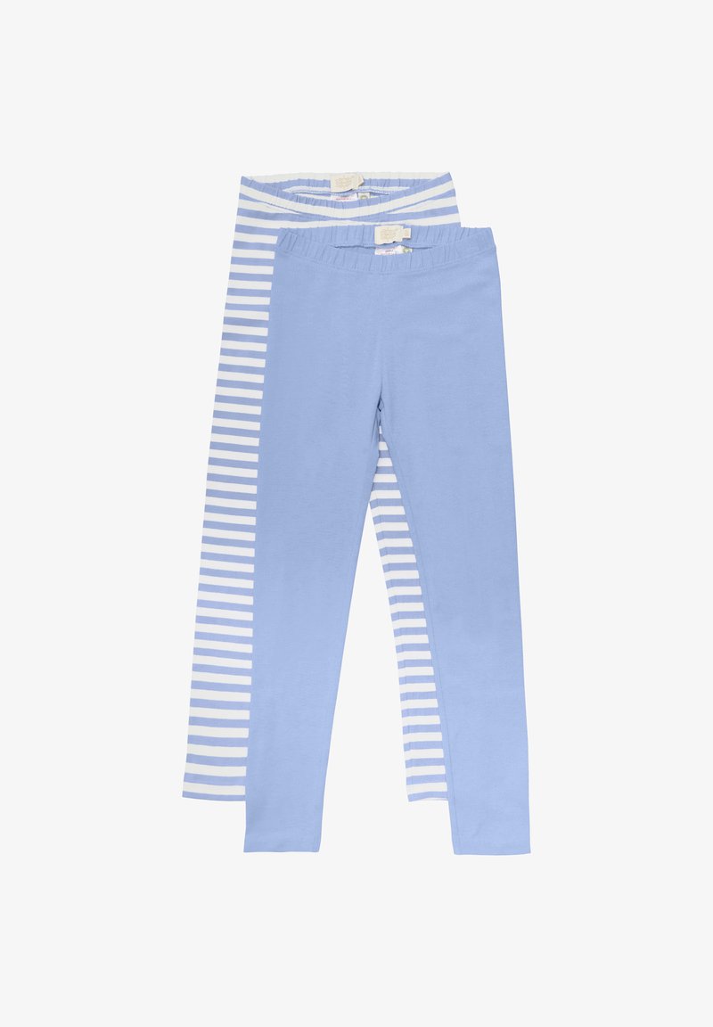 Twee paren leggings: één effen lichtblauw en de andere blauw met witte strepen. Beide zijn gemaakt van zachte stof met elastische taillebanden.