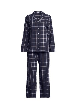 Navyblauw pyjamaset met een overhemd met lange mouwen en knopen en bijpassende broek, voorzien van een wit en lichtgrijs windowpane ruitpatroon.