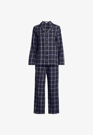 Marineblåt pyjamasæt med langærmet skjorte med knapper og matchende bukser, med et hvidt og lysegråt vinduesrammemønster.