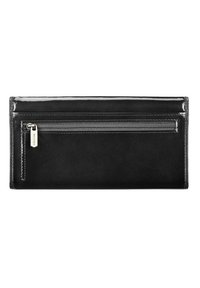 Portefeuille noir en cuir à la finition lisse, doté d'une poche zippée à l'arrière et de détails de couture discrets.