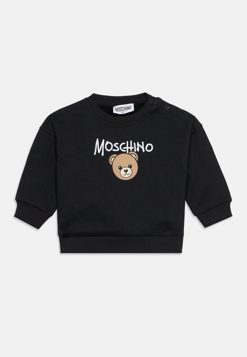 Sweat-shirt bébé noir à manches longues avec le logo Moschino et un visage d'ourson imprimé sur le devant, poignets et ourlet côtelés.