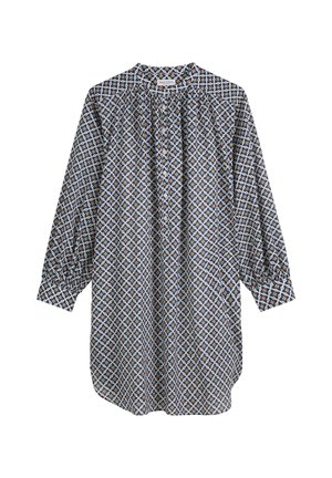 Langarmshirt in blauw met een geometrisch patroon in oranje, geel en zwart. Beschikt over een opstaande kraag en een losse pasvorm met gesmokte details.