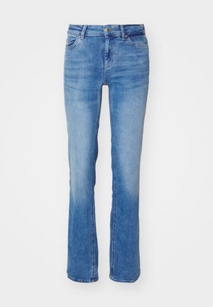 Lys blå denimjeans med rett ben-design, som har fem lommer, knappelukking, og subtil fading på lårene.
