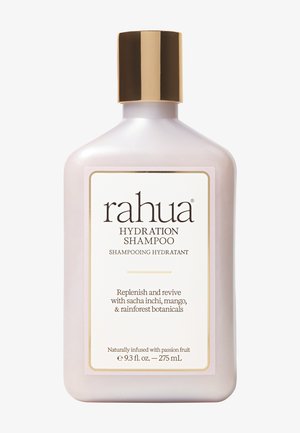 Flacon de shampoing hydratant Rahua, 275 mL, avec bouchon doré, revitalise les cheveux avec du sacha inchi, de la mangue, des plantes de la forêt tropicale et une infusion de fruit de la passion.