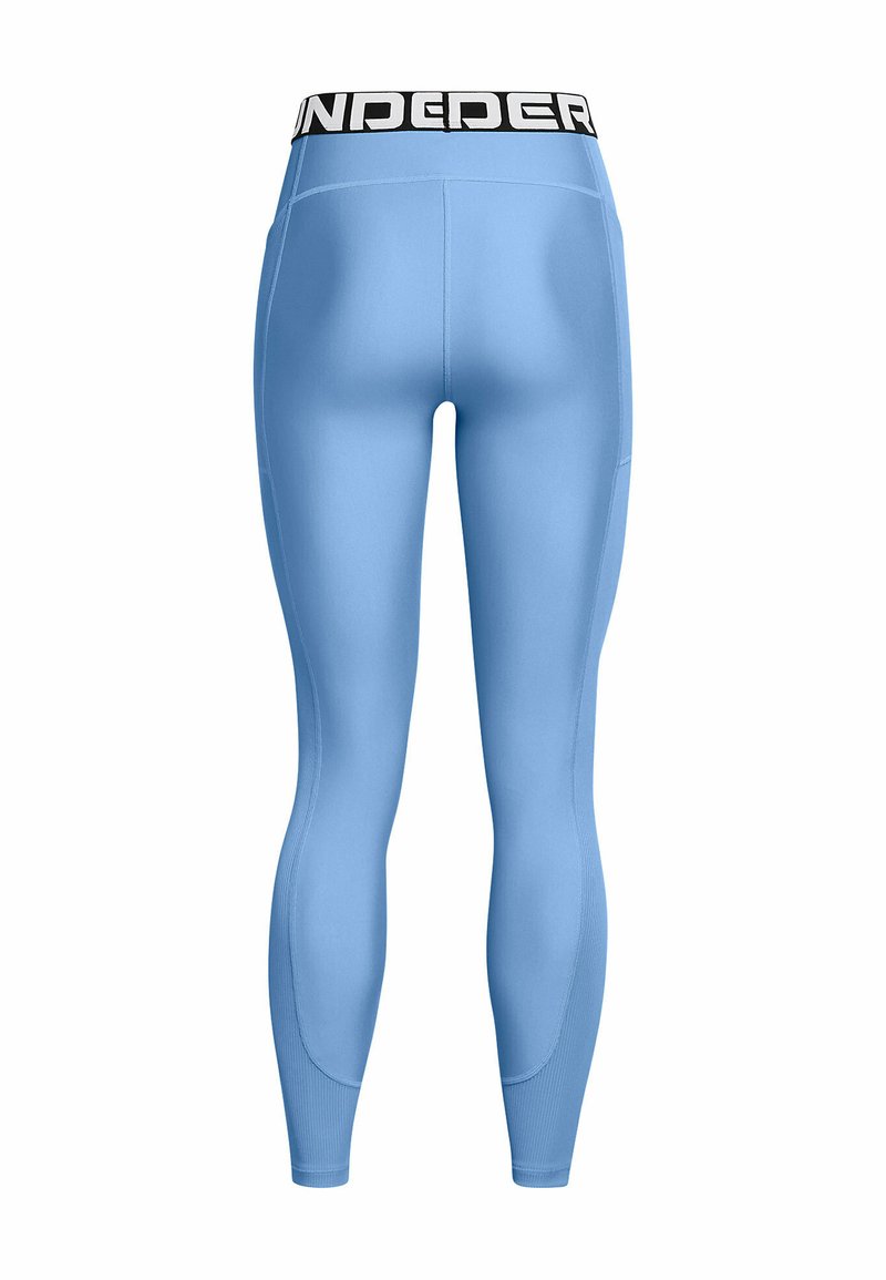 Leggings de sport bleus avec une taille haute noire portant l'inscription « UNDERDEER », dotés d'un tissu lisse et extensible et d'une silhouette ajustée.