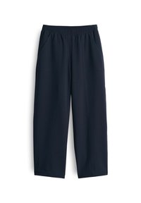 Pantalon bleu marine à jambes larges avec taille élastique et poches avant, fabriqué en tissu lisse, montré à plat sur un fond blanc.