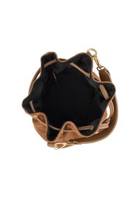 Brūns zamšs bļodas soma ar savilkta augšpusi un melnu auduma iekšpusi. Aprīkota ar zelta toņa aparatūras aizdari un regulējamu ādas siksnu.