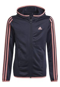 Sudadera con cremallera azul marino con tiras de acento rosa a lo largo de las mangas y la capucha, hecha de material sintético suave, con bolsillos laterales y logo.