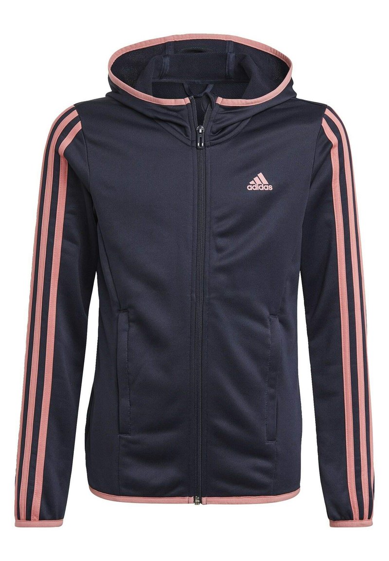 Sudadera con cremallera azul marino con tiras de acento rosa a lo largo de las mangas y la capucha, hecha de material sintético suave, con bolsillos laterales y logo.