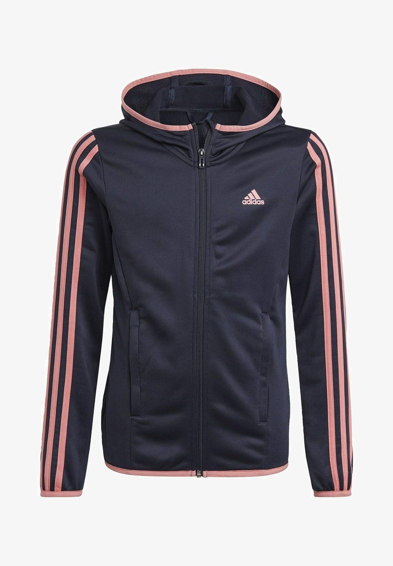 Sudadera con cremallera azul marino con tiras de acento rosa a lo largo de las mangas y la capucha, hecha de material sintético suave, con bolsillos laterales y logo.